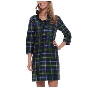 Devon Baer Blue Green Plaid Silk Dress Ruffle Collar 3/4 Sleeve Women's S Preppy